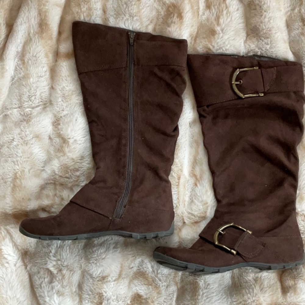 Brown suede knee high boots